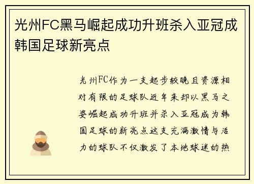 光州FC黑马崛起成功升班杀入亚冠成韩国足球新亮点