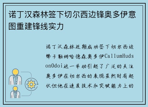 诺丁汉森林签下切尔西边锋奥多伊意图重建锋线实力