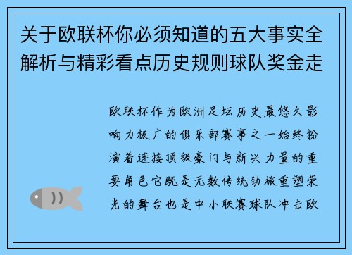 关于欧联杯你必须知道的五大事实全解析与精彩看点历史规则球队奖金走势